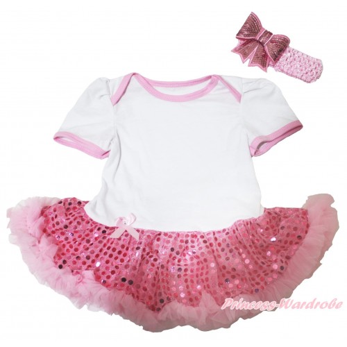 White Baby Bodysuit Sparkle Light Pink Sequins Pettiskirt JS4308